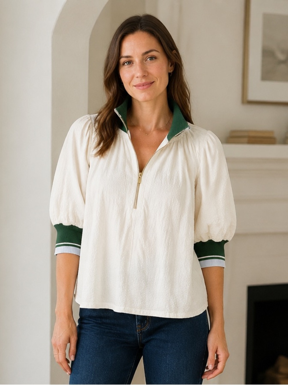 Anthropologie Maeve XS White Puff Sleeve Half Zip Seersucker Top Green